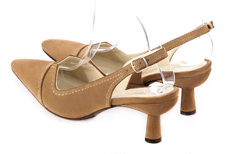 Camel beige women's slingback shoes. Tapered toe. Medium spool heels. Rear view - Florence KOOIJMAN